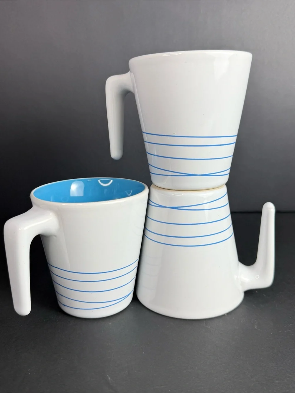 3 IKEA Hurrig Mugs White/Sky Blue Coffee Tea Cup Stackable Stick Handle Retired